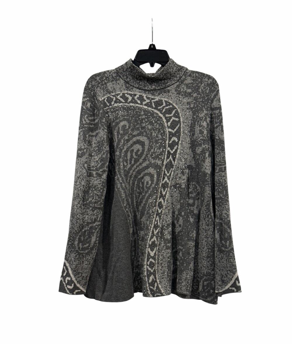 Chico’s Charcoal Gray Mock Neck Sweater Size XL Paisley Rhinestone Embellishment